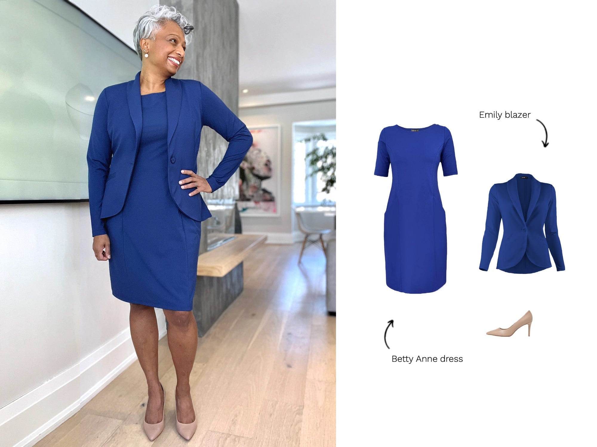 Image of Miik model wearing a tailored pocket dress in blue with a matching blazer, with the off figures of her outfit to the right.