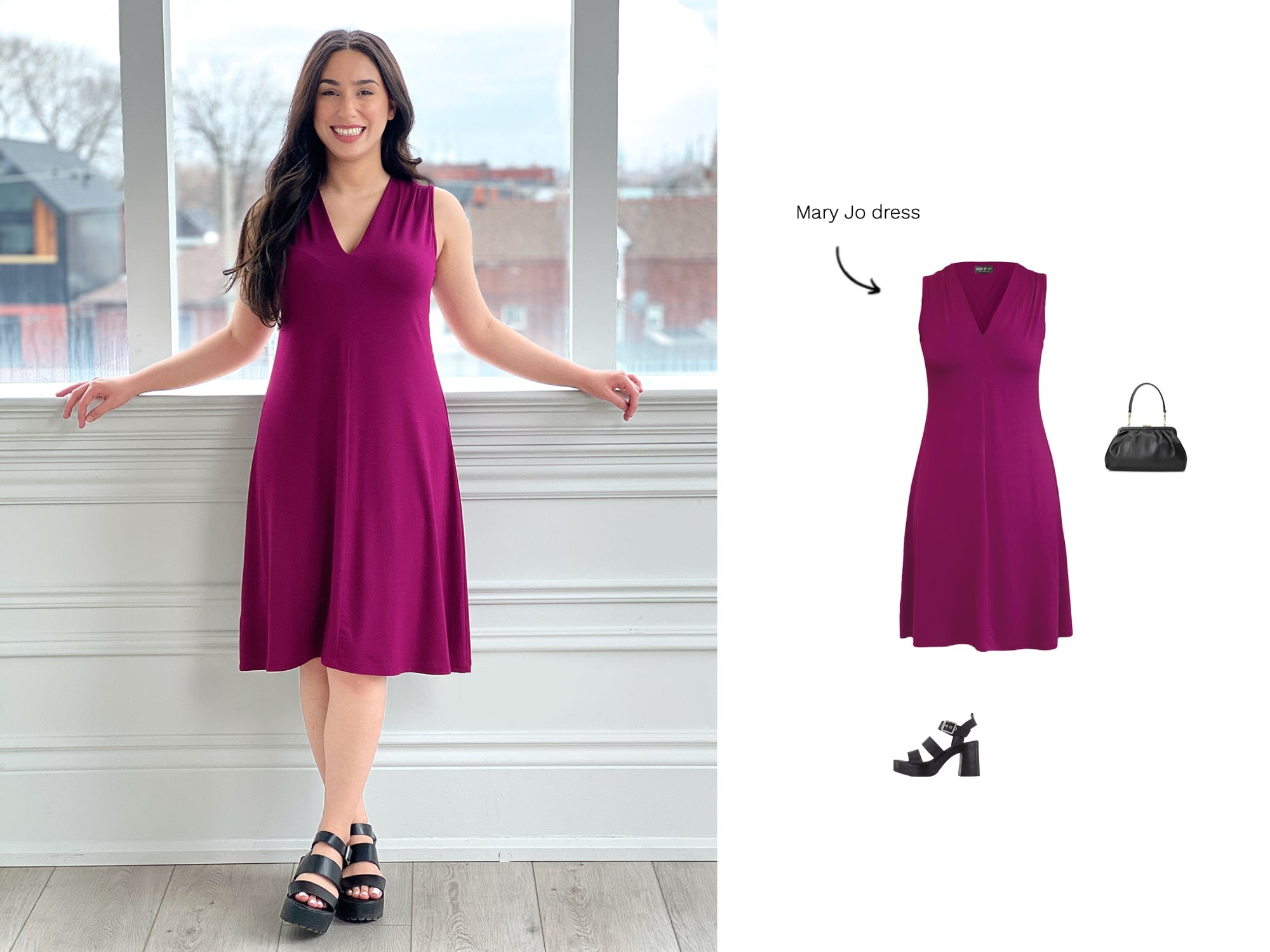 Image of Miik model wearing a Mary jo sleeveless v neck dress in ruby, with the off figures of her outfit to the right.