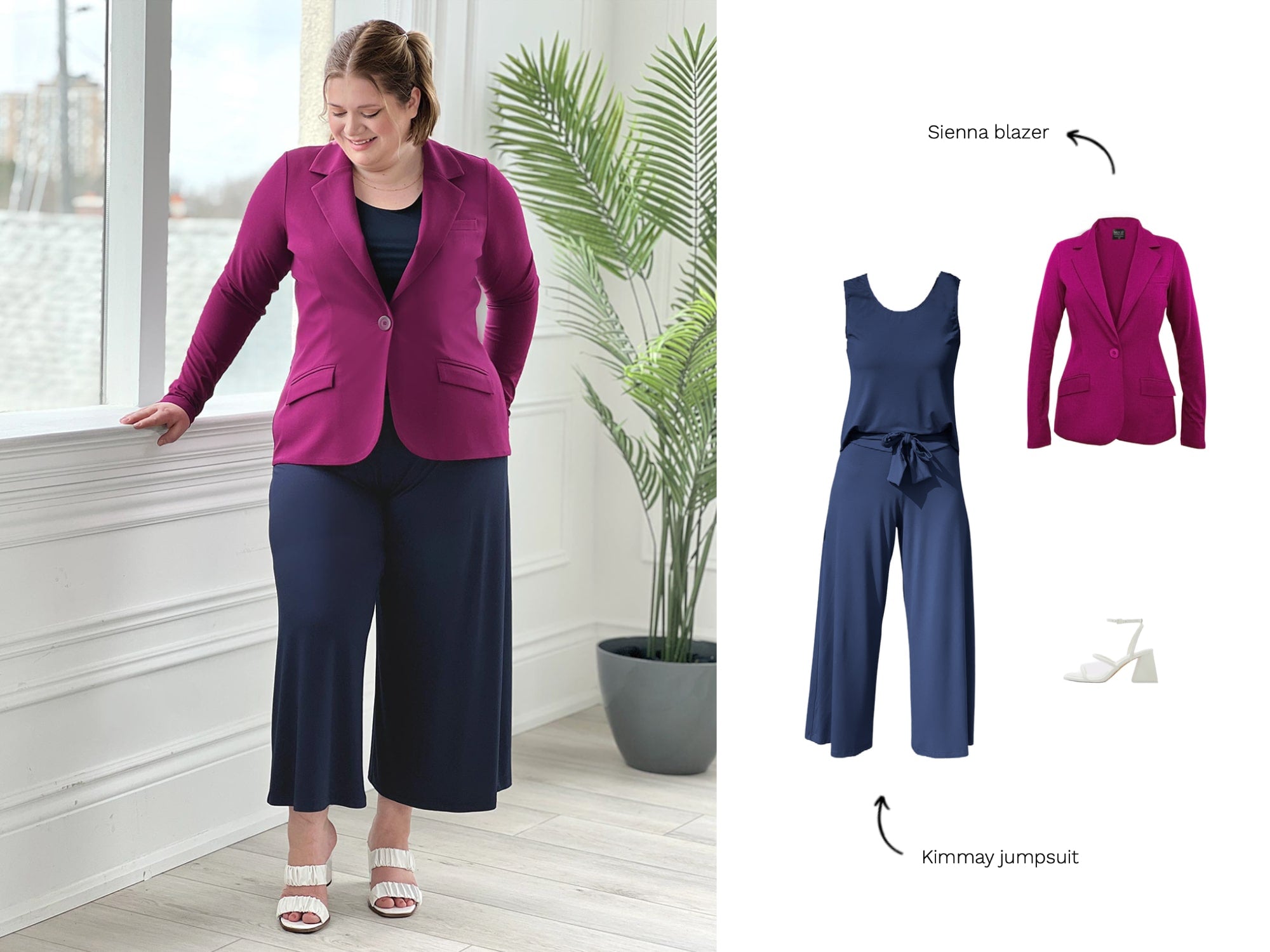 Image of Miik model wearing an open-back capri jumpsuit in navy with a relaxed fit blazer in ruby, with the off figures of her outfit to the right.