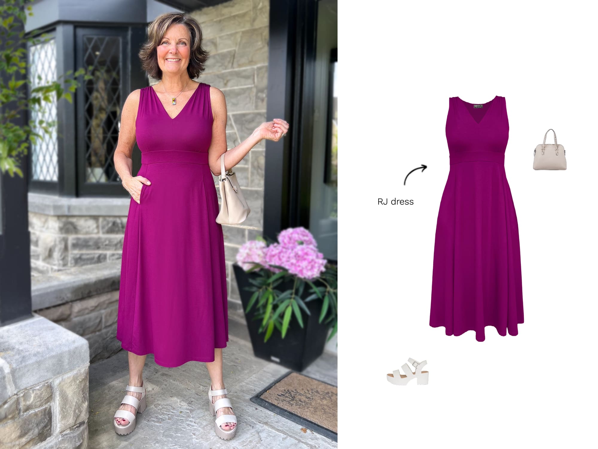 Wedding guest outfit ideas with the outfit on the left and the clothing graphics to the right