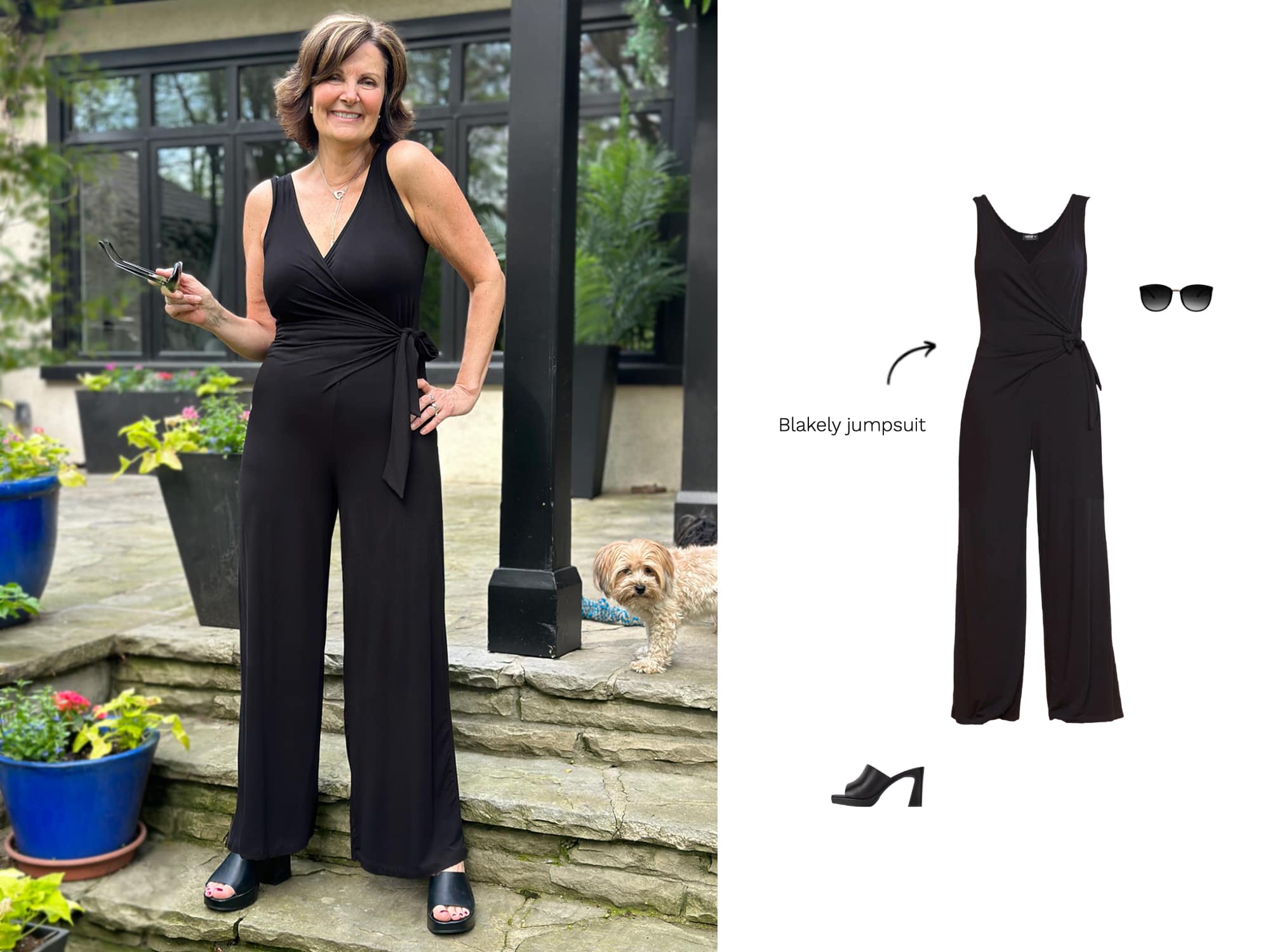 Wedding guest outfit ideas with the outfit on the left and the clothing graphics to the right
