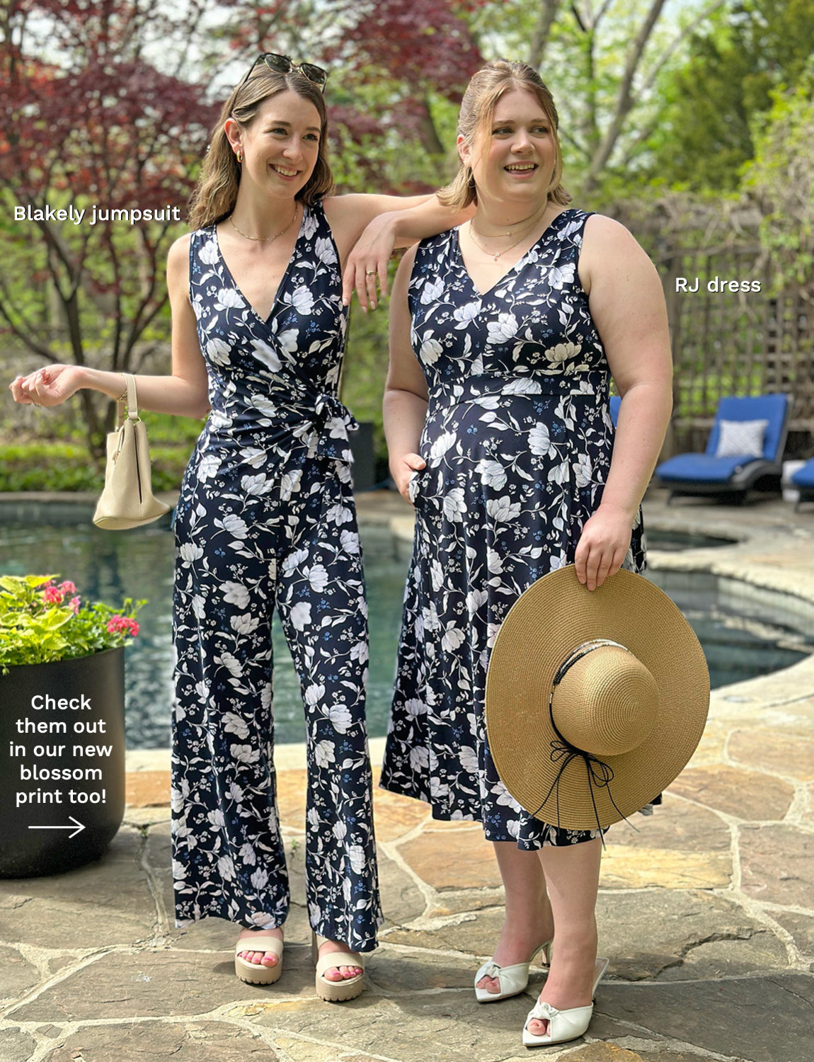 Two women standing by the pool wearing a Miik jumpsuit and dress in flower print
