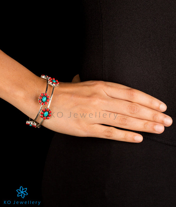 Native American JewelrySterling Silver Bracelet With Turquoise  Coral  Stones By Roie Jaque