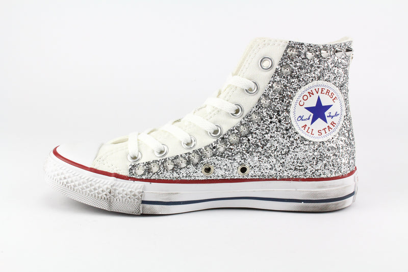 Converse All Star Bianche Personalizzate con Silver Glitter \u0026 Borchie –  Ballo Da Sola