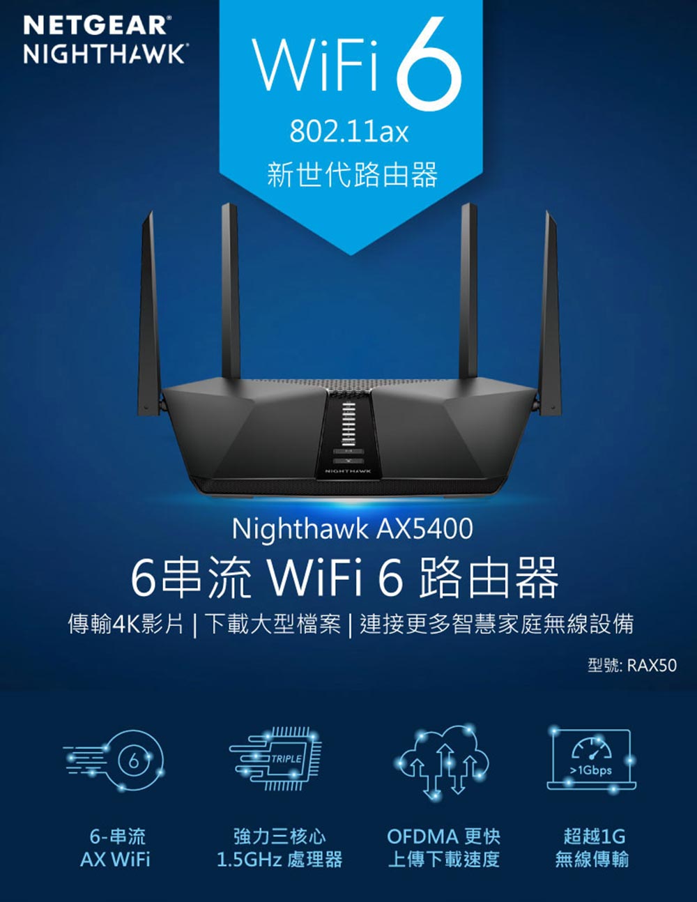 NETGEAR | AX5400 (Wi-Fi 6) 6-Stream無線路由器 Nighthawk RAX50