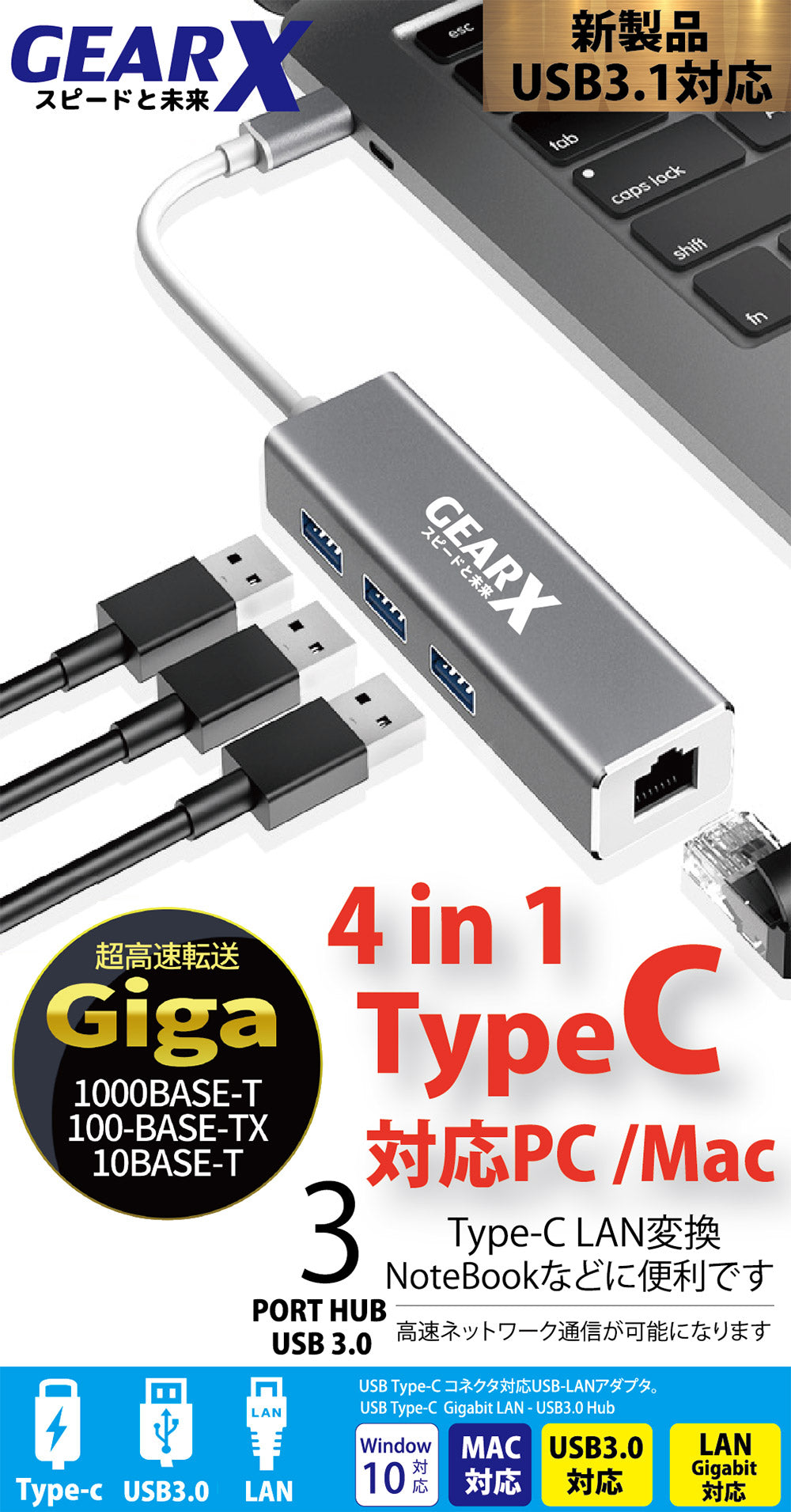 GEARX | USB-C 4合1 分線器USBCGIGLAN