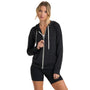 Vuori Women's Halo Performance Hoodie 2.0 Black Heather front view on model waist up