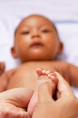 baby getting foot massage – BEB Organic skincare products – Luxury, health-filled skincare for preemies – premature baby - BEB Organic Bubbly Wash - BEB Organic Silky Cream - BEB Organic Healing Gel - BEB Organic Nourishing Oil - BEB Organic Diaper Balm – Kim Walls, Preemie Skincare Expert