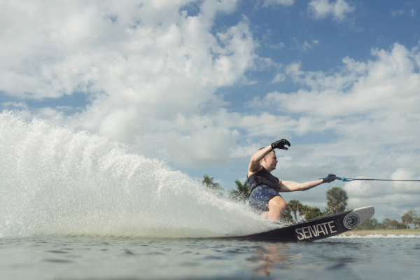 Man riding a Radar Alloy Senate water ski