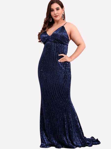Curvy Sequin Dress Deep V-Neck Open Back Gown - Navy Blue