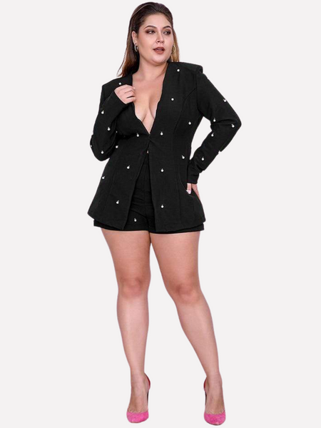 Pearl Girl Long Sleeve Blazer Short Pants Set - Black