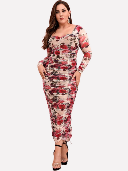 Plus Size Elastic Floral Print Mesh Bodycon Midi Dress