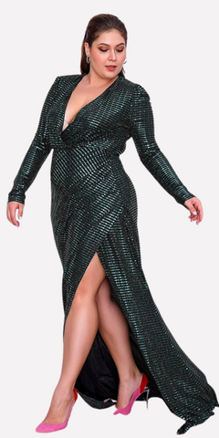 Plus Size Metallic Glitter Sequin Puff Sleeve Cross Wrap High Slit Maxi Dress - Green