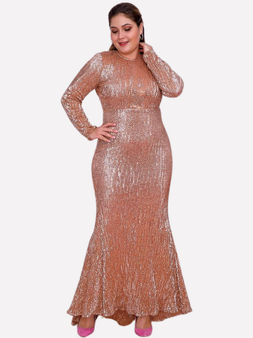 Plus Size Rose Gold Elastic Pleated Sequins Fishtail Maxi Dress