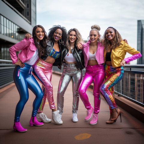 a group of women in all shapes and color, all women are wearing sequin and glitter leggings pants in bright colors, some have pink glitter leggings, some have high heels and some have sneakers, one women is wearing a leather jacket, one in a crop top, one in a blazer and sequin legging outfits, one has all black glitter outfit, have a group on 9 women, having fun with one another , ultra realistic faces, 3 of the women are wearing sneakers, 2 of the women have high heels on-