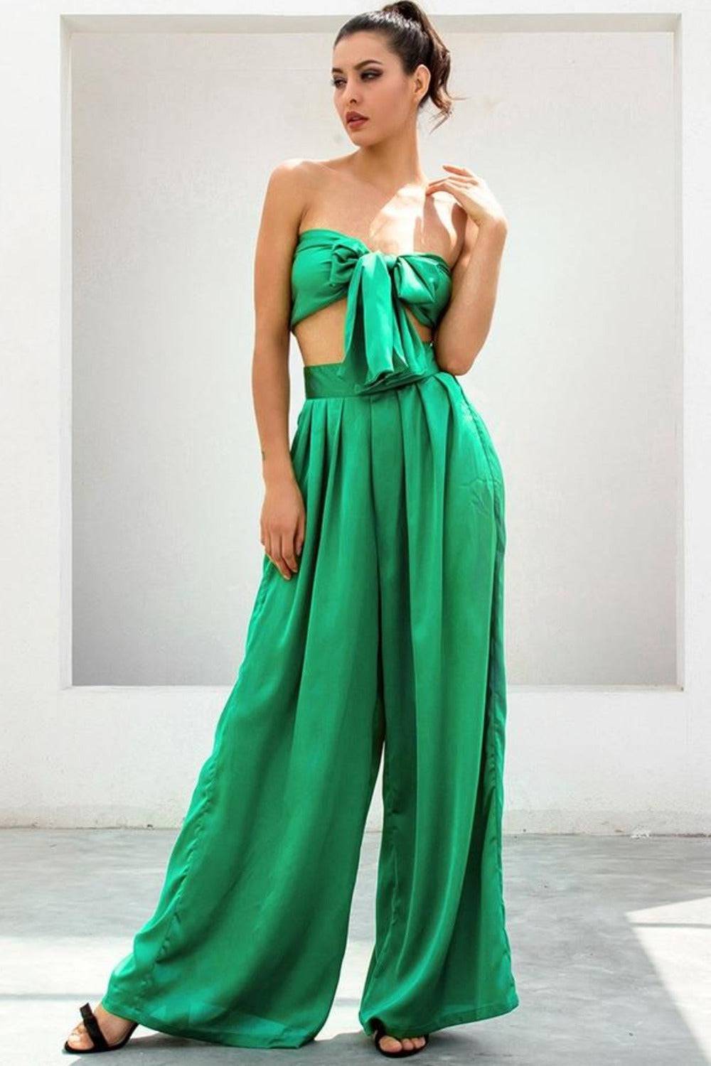 Two-Piece Silky Strapless Palazzo Pants Set - Green