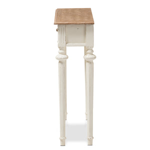 Marquetterie French Provincial Style Weathered Oak and White Wash Distressed Finish Wood Two-Tone Console Table - Fine China Display