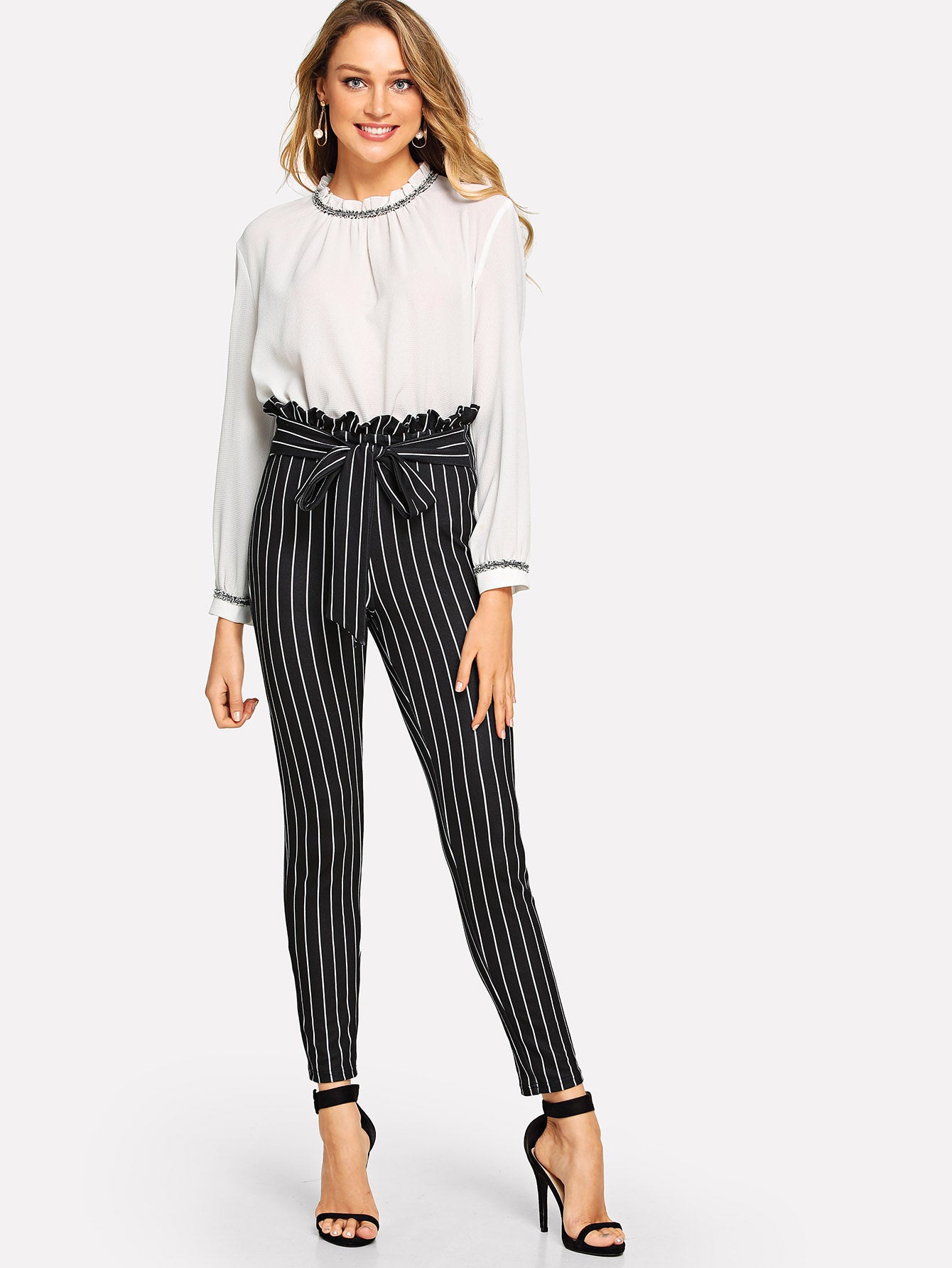 frill trim bow tie waist striped pants