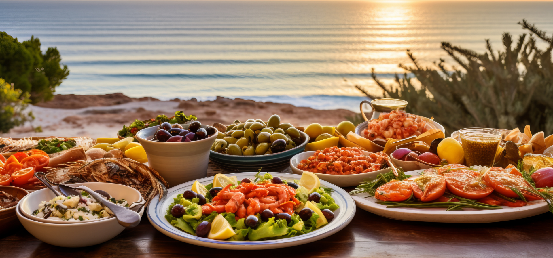 Salad served on a table in fronmt of a beach