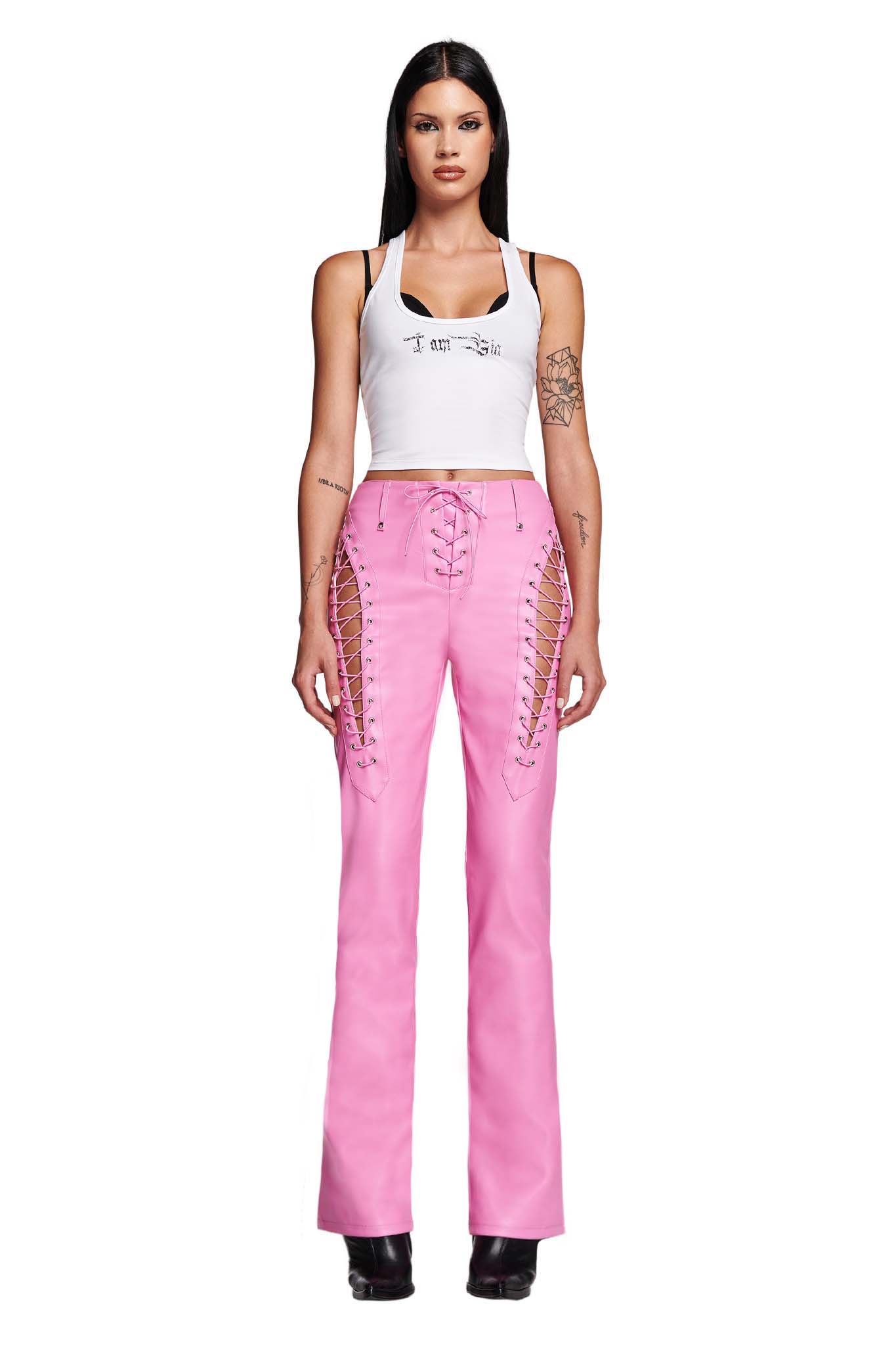 ANJAMANOR Colorblock PU Leather Mens And Womens Streetwear Pink Leather  Pants Sexy Cut Out Low Rise Straight Style For Rave And Club Wear D56EH37  230324 From Buyocean01, $21.79 | DHgate.Com