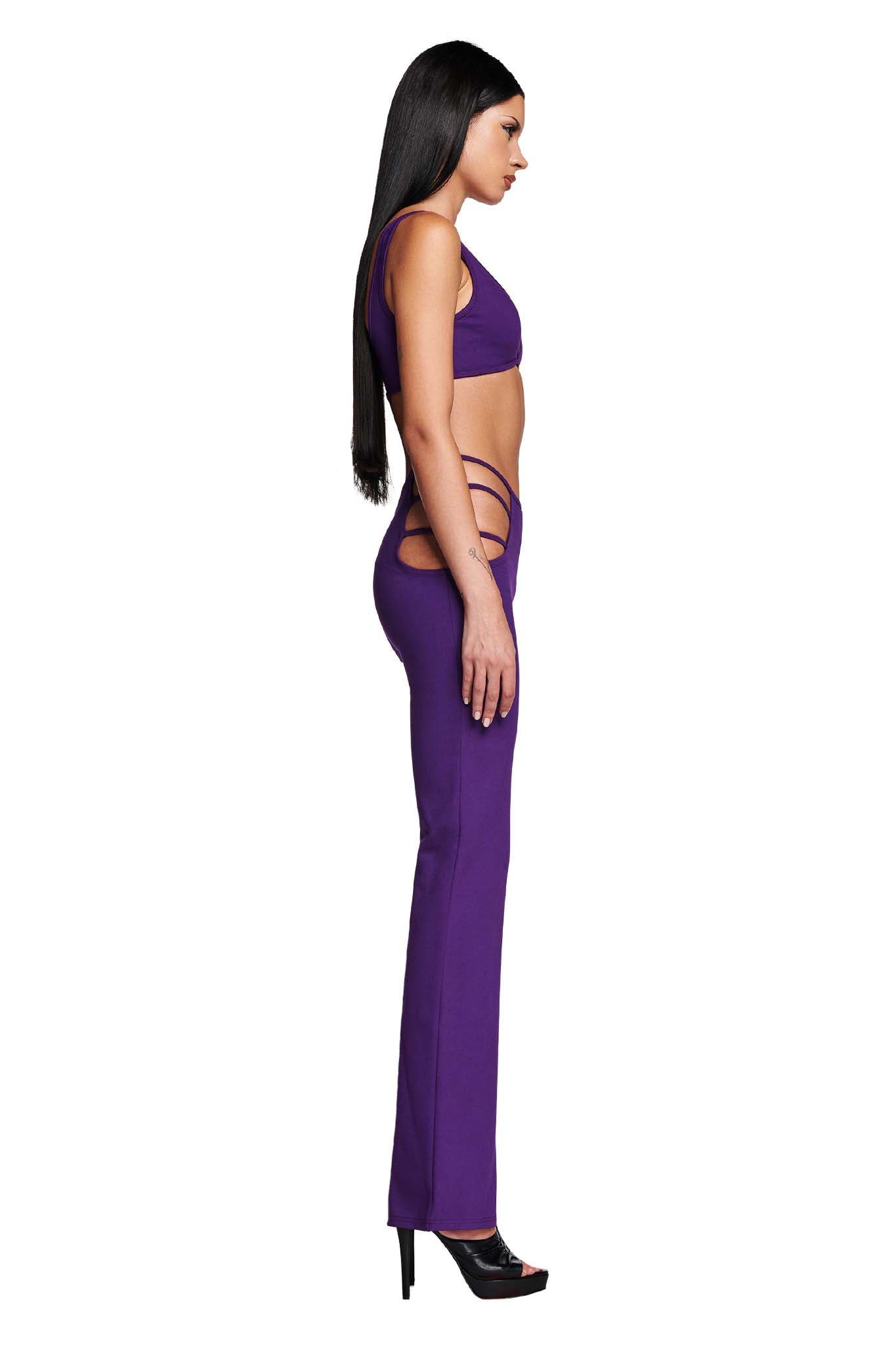 Maddy's purple cutout pants and bra top on Euphoria