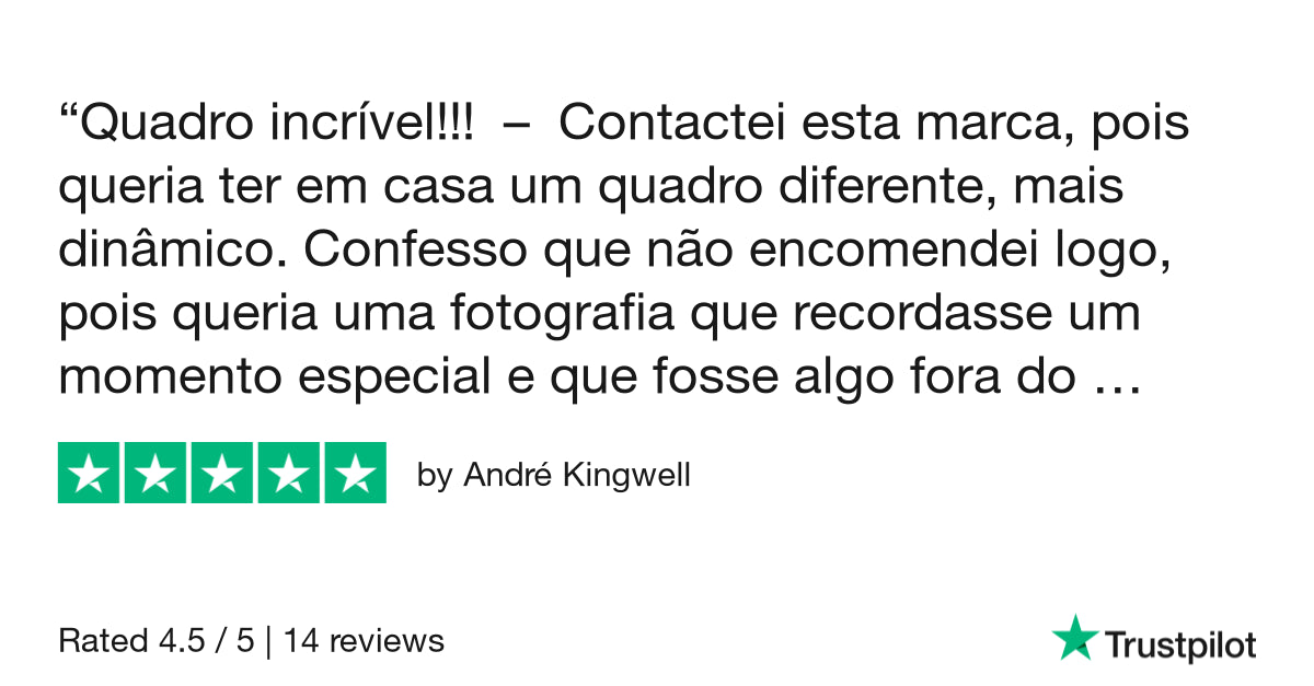 Quadro incrível!!! Contactei esta marca, pois queria ter em casa um quadro diferente, mais dinâmico. Confesso que não encomendei logo, pois queria uma fotografia que recordasse um momento especial e que fosse algo fora do vulgar. Assim que tive o conteúdo certo, não hesitei em fazer a encomenda. Fiquei muito satisfeito com o resultado final e a pessoa a quem ofereci também! O atendimento é super rápido e a encomenda demorou menos de uma semana a chegar. Recomendo muito para quem quer ter uma peça de decoração diferente 🙏🏼