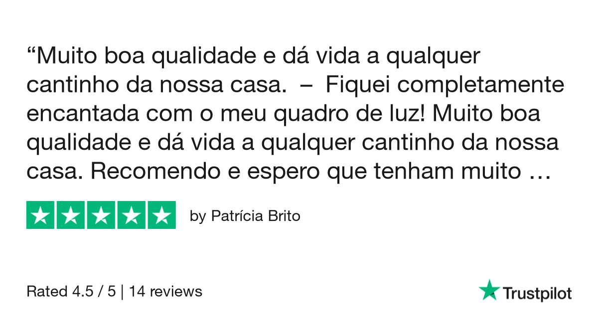 Muito boa qualidade e dá vida a qualquer cantinho da nossa casa. Fiquei completamente encantada com o meu quadro de luz! Muito boa qualidade e dá vida a qualquer cantinho da nossa casa. Recomendo e espero que tenham muito sucesso!