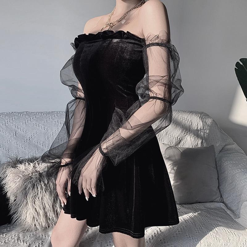 2021 Gothic Sexy Dress Vintage Off Shoulder Lantern Sleeve Mesh ...