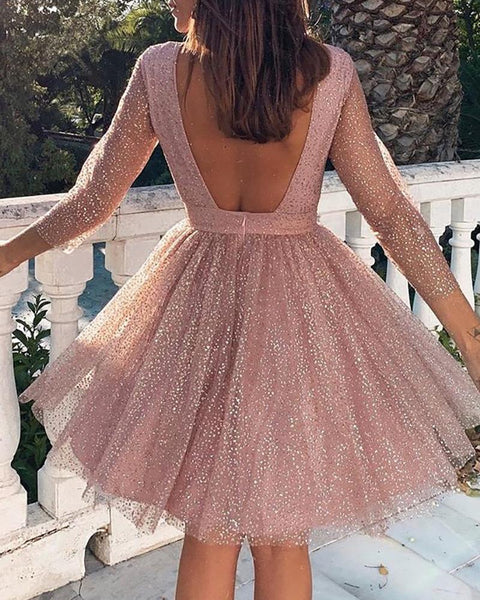 Backless glitter sheer mesh dress women Shinny A-line pink party dress ...
