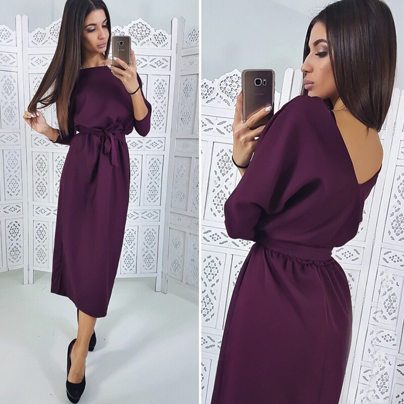 Women Casual Sashes a Line Party Dress Ladies Seven Sleeve Spring Dress ...