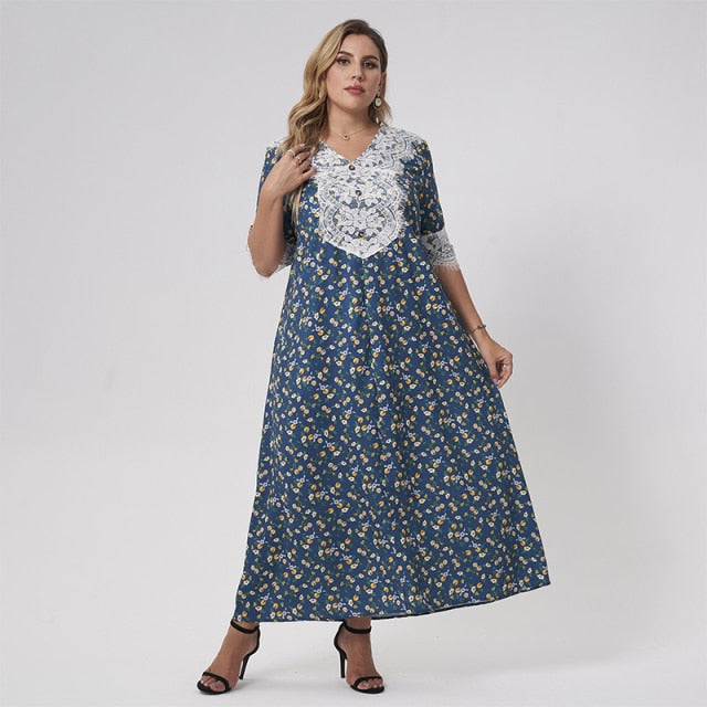 Maxi Dress Women Plus Size 2021 Lake Blue Loose Floral Print Lace Tassel Half Sleeve Button Holiday Party Large Robes