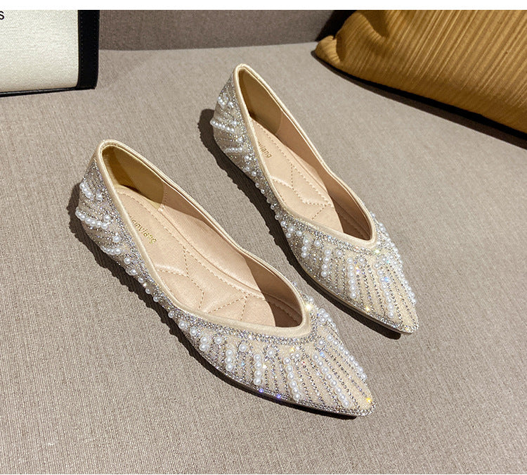 Summer Soft Bottom Pointed Toe Flat Shoes With Pearl Rhinestone Accents ...