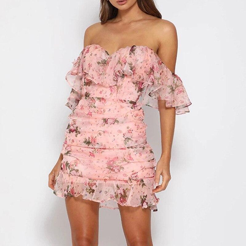 Off Shoulder Chiffon Dress Women Short Sleeve Slash Neck Flower Print Summer Dress Sexy 8047