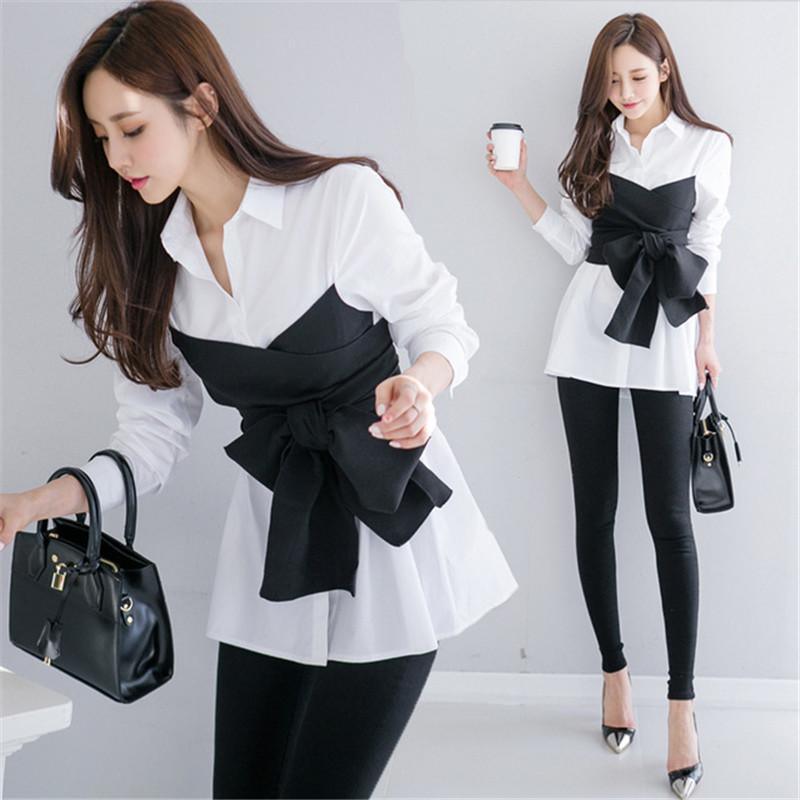 Women Tie up Bow Fake Two Pieces Tops Fashion Shirts – Hplify