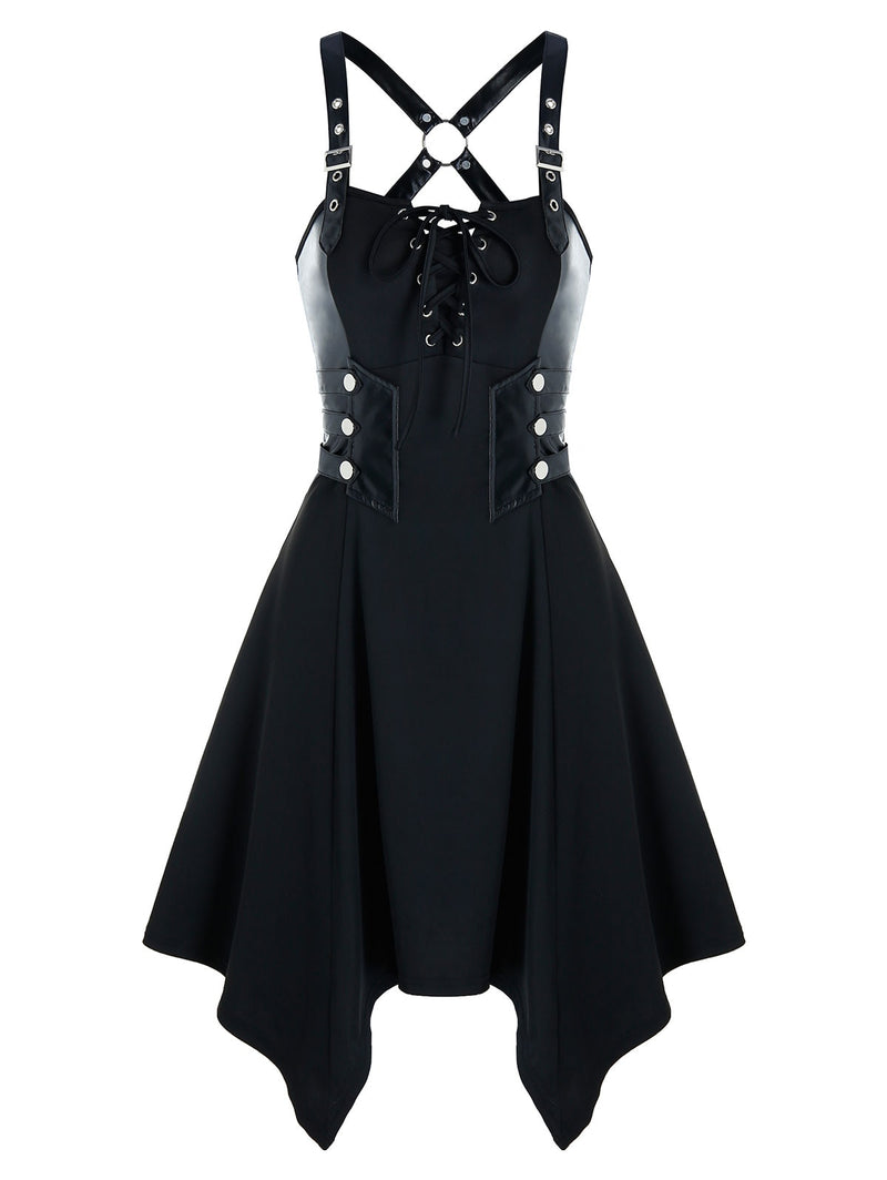 Gothic Punk Women Black Dress Plus Size Lace Up Rivet Back Criss Cross ...
