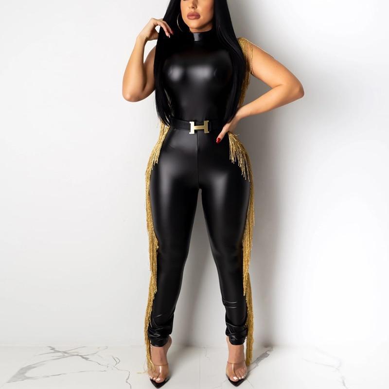 Buy Cheap Women Pu Leather Jumpsuit High Neck Sleeveless Tassel Detail Womens Romper And 0888