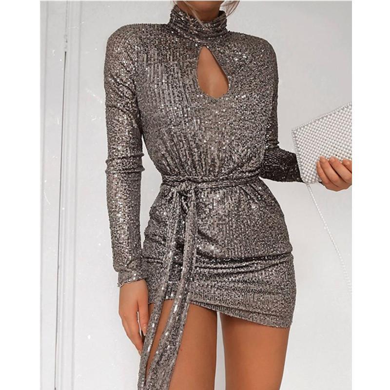 Women Sequined Keyhole Tie Waist Dress Club Wear Party Mini Dress ...