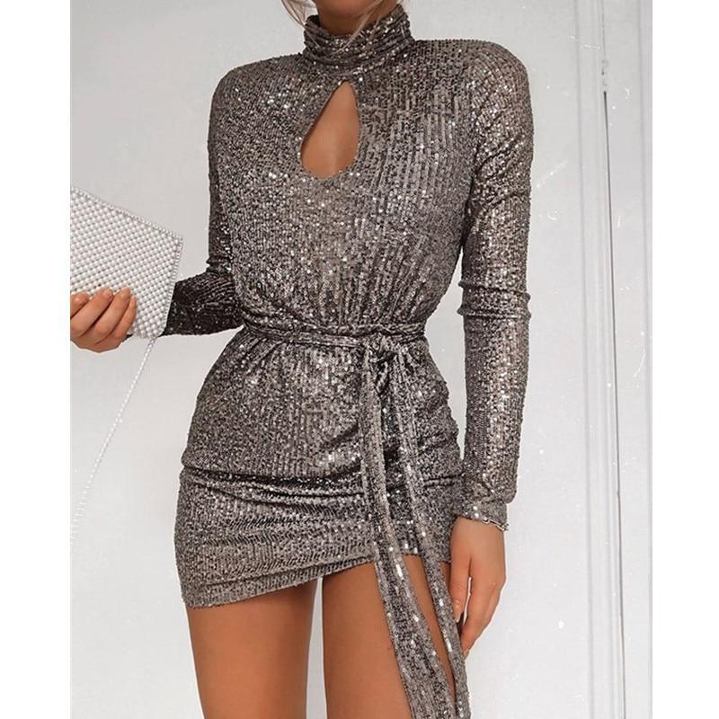 Women Sequined Keyhole Tie Waist Dress Club Wear Party Mini Dress ...