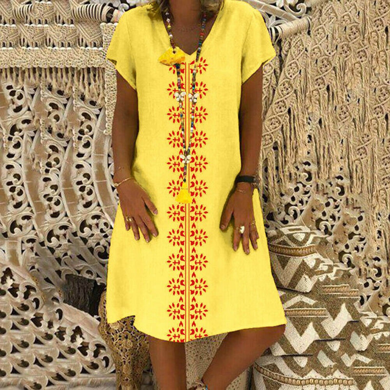 Women Summer Short Sleeve Cotton Linen Long Maxi Dress Fashion Ladies ...