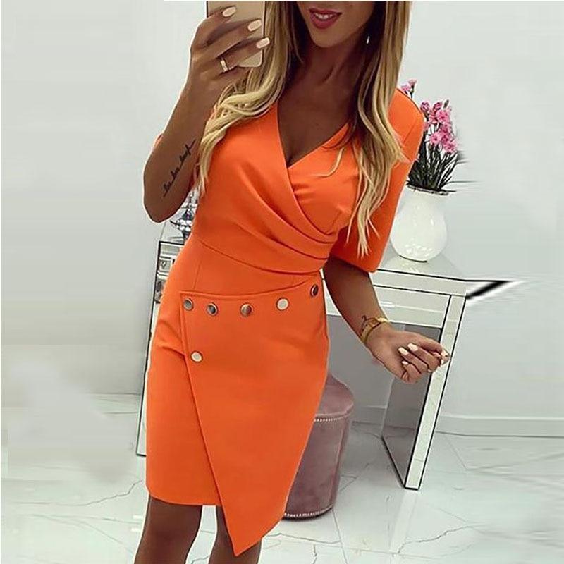 Women ruched surplice wrap bodycon dress Asymmetrical hem office lady ...