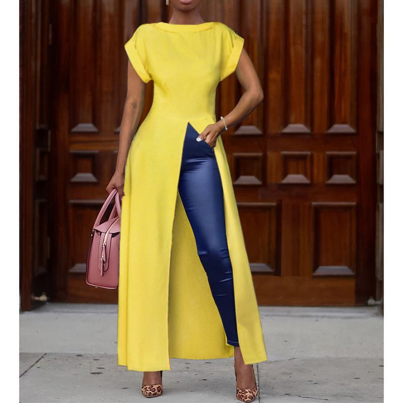 XXL Plus size high split long summer dress Solid color short sleeve ...