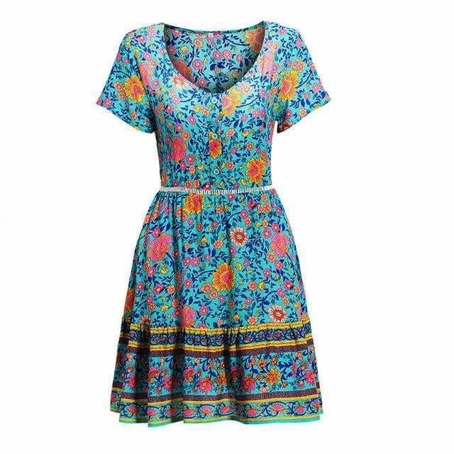 A-Line Bohemian Floral Dress Sexy V-neck Short Sleeve Mini Dress – Hplify