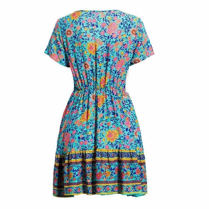 A-Line Bohemian Floral Dress Sexy V-neck Short Sleeve Mini Dress – Hplify