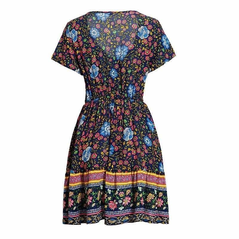A-Line Bohemian Floral Dress Sexy V-neck Short Sleeve Mini Dress – Hplify
