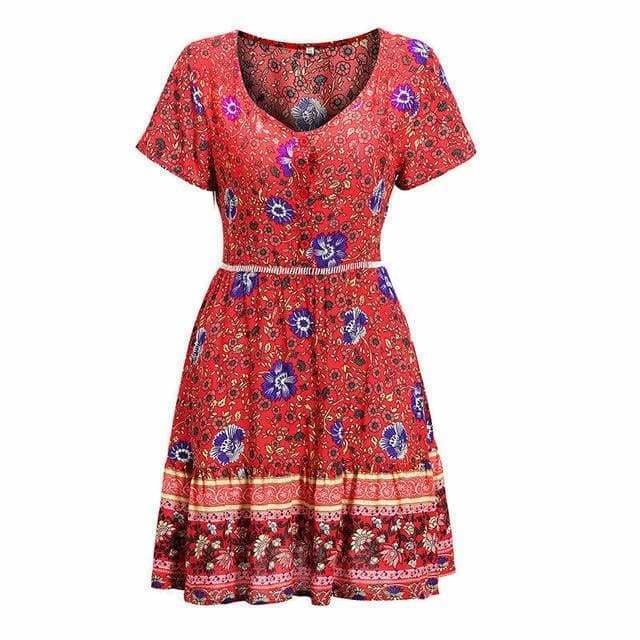 A-Line Bohemian Floral Dress Sexy V-neck Short Sleeve Mini Dress – Hplify