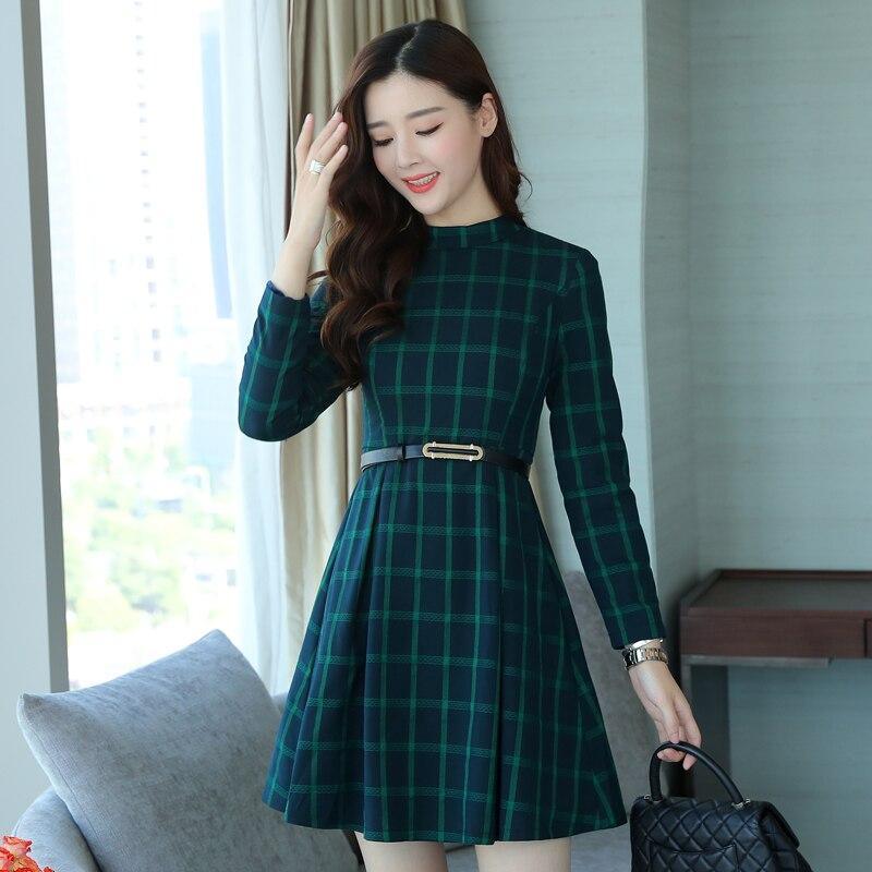 dress autumn outfit women plaid print long sleeve o neck belted outfit ...
