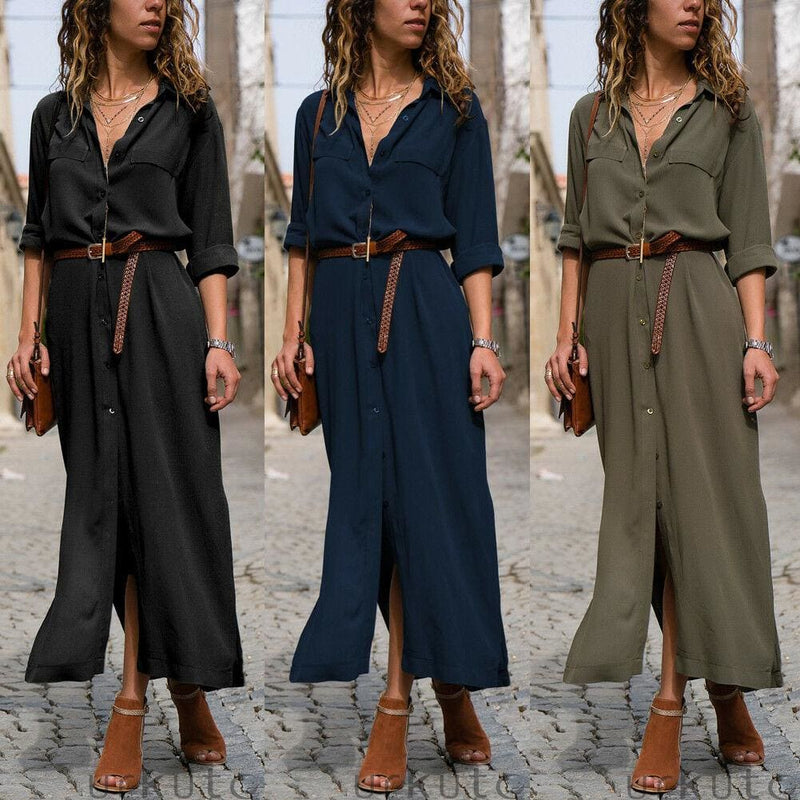 Elegant Women Sexy V Collar Long Maxi Dress OL Ladies Casual Long ...