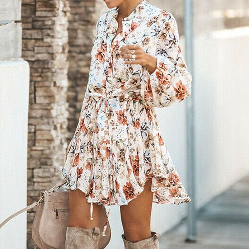 Print Mini Dresses V-Neck Long Sleeve Beach dress Women's Clothing – Hplify