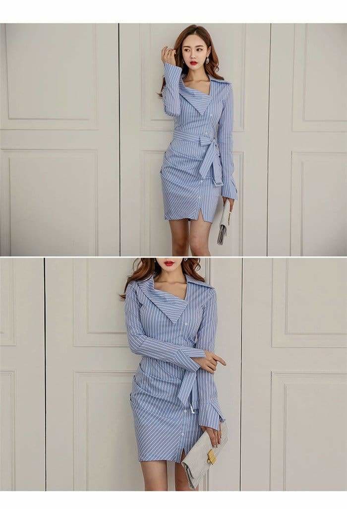 Lady Elegant Striped Short Dress Long Sleeve Pencil Dress – Hplify