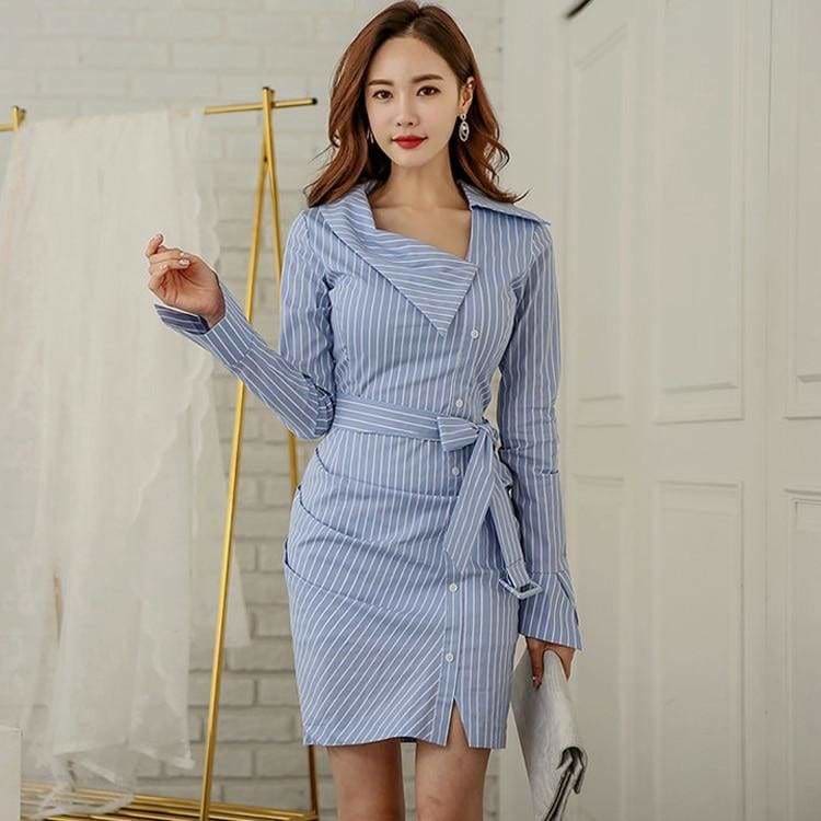 Lady Elegant Striped Short Dress Long Sleeve Pencil Dress – Hplify